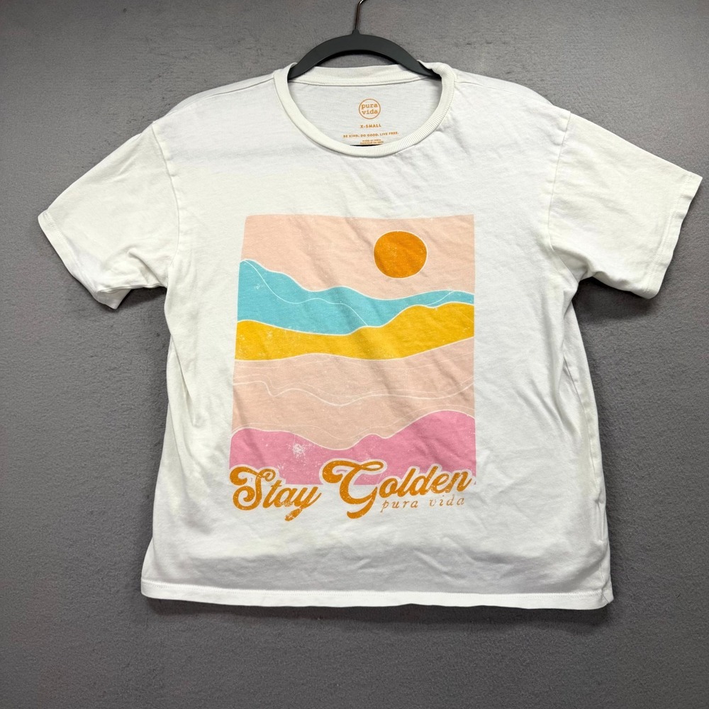 Pura Vida Stay Golden T Shirt Womens XS White Pastel Landscape Graphic Crew Neck